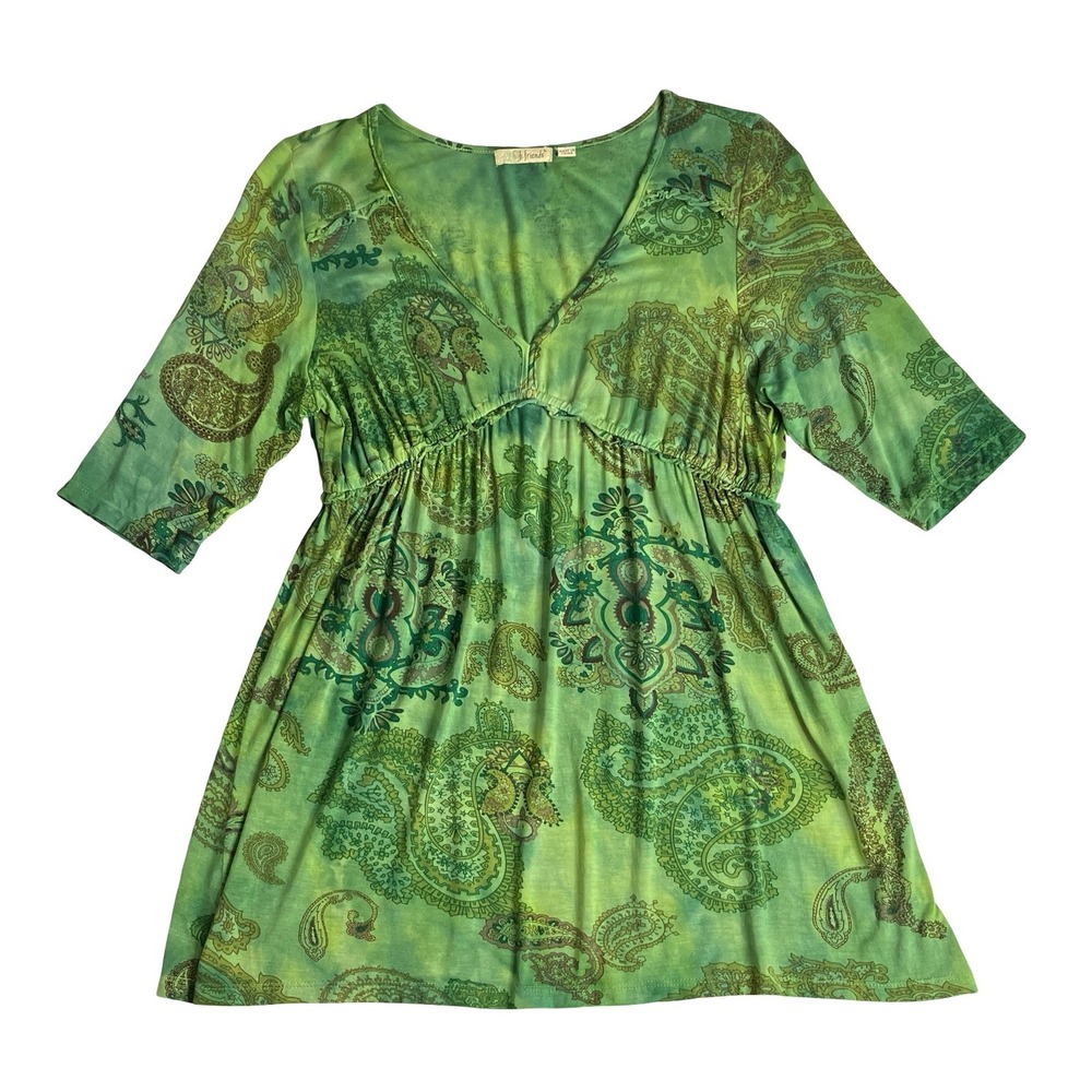 Y2K B. Friends Paisley Empire Waist Tunic Top Womens L Green Boho Fairy Grunge